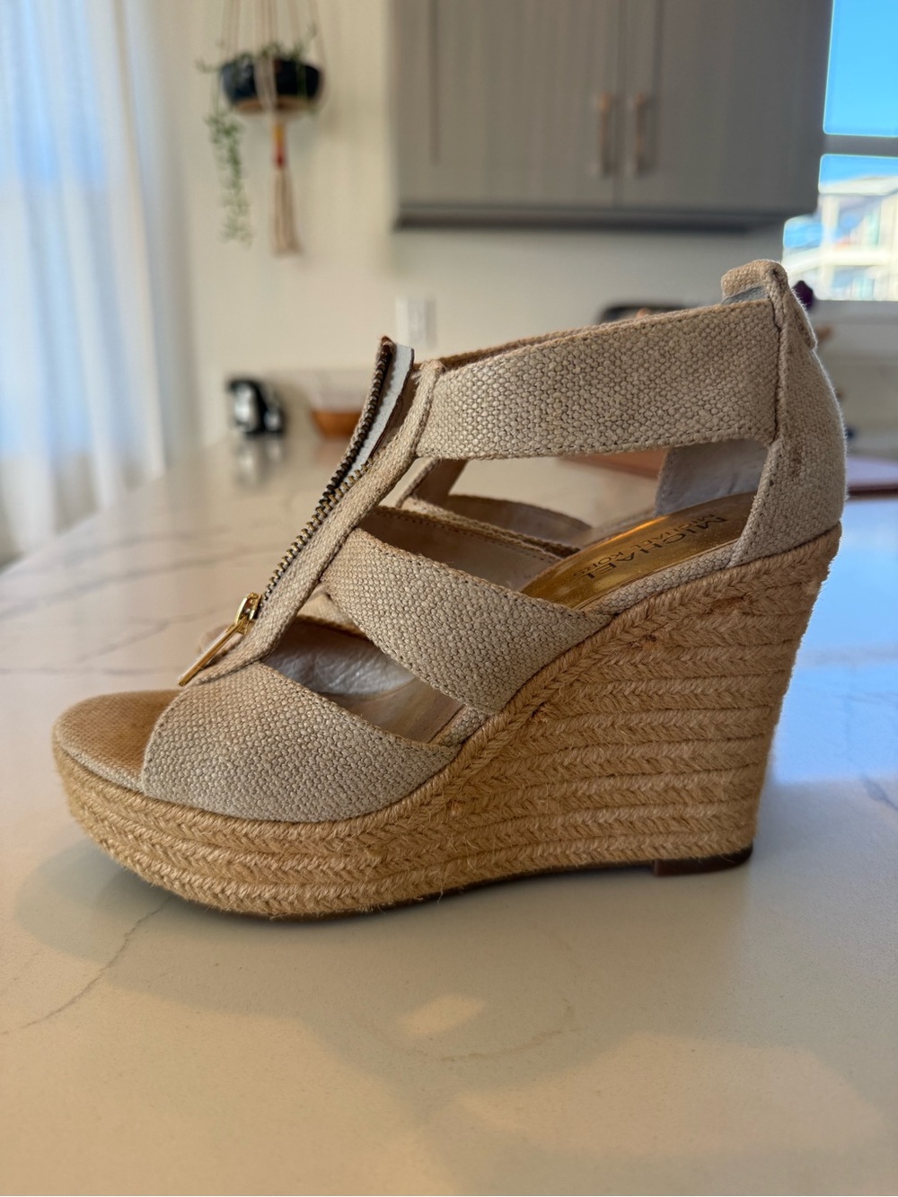 MICHAEL Michael Kors Natural Beige Linen Zip Wedge Sandals